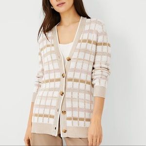 Ann Taylor Plaid Boyfriend Cardigan in winter white. Size Medium